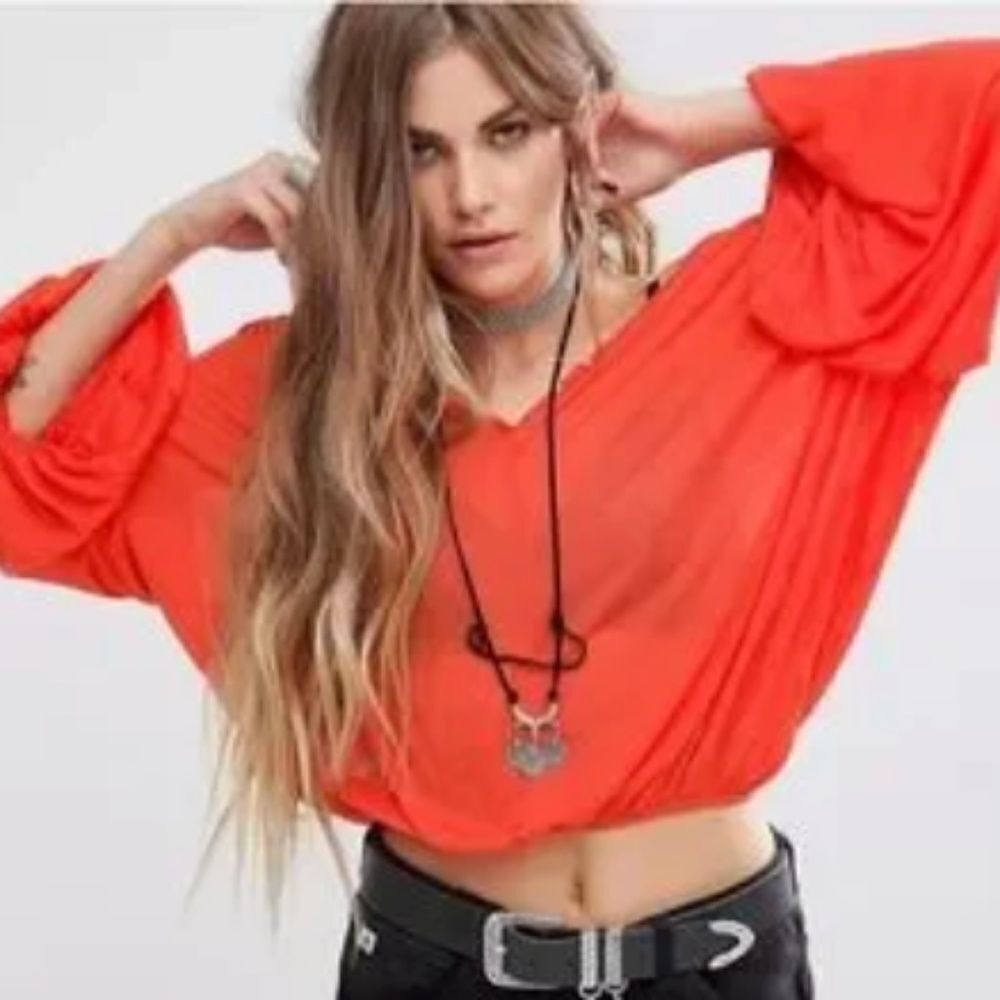 Free People Peaks Island Henley Orange Top Blouse Sz XS